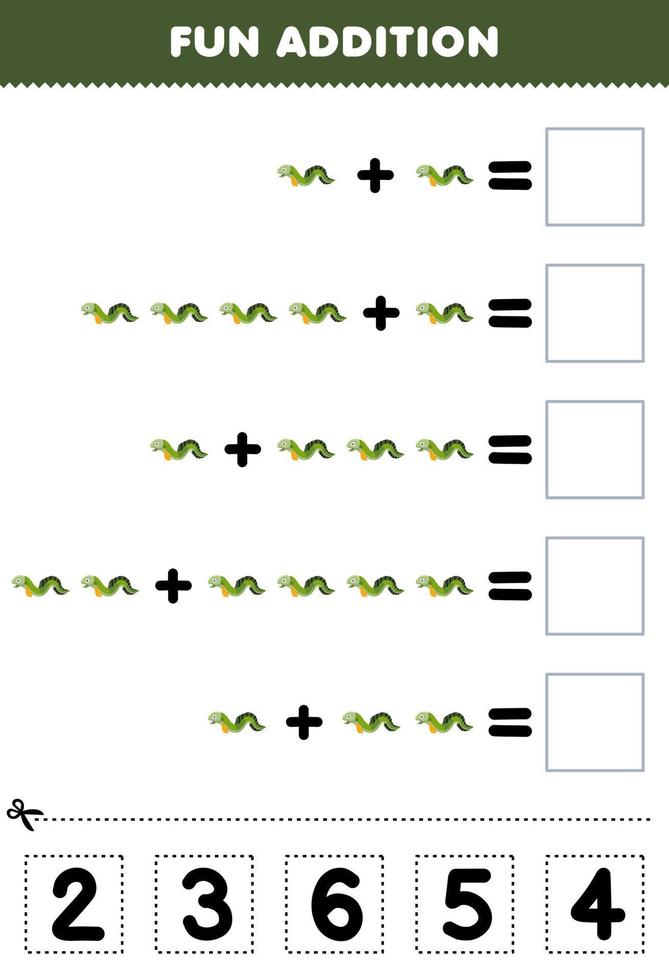 juego educativo para niños divertido además de cortar y combinar el número correcto para la hoja de trabajo subacuática imprimible de anguila de dibujos animados lindo vector