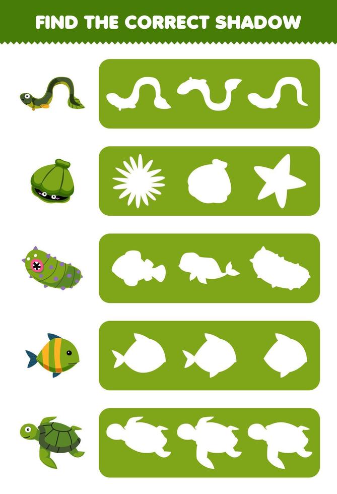 Education game for children find the correct shadow silhouette of cute cartoon eel shell sea cucumber fish turtle printable underwater worksheet vector
