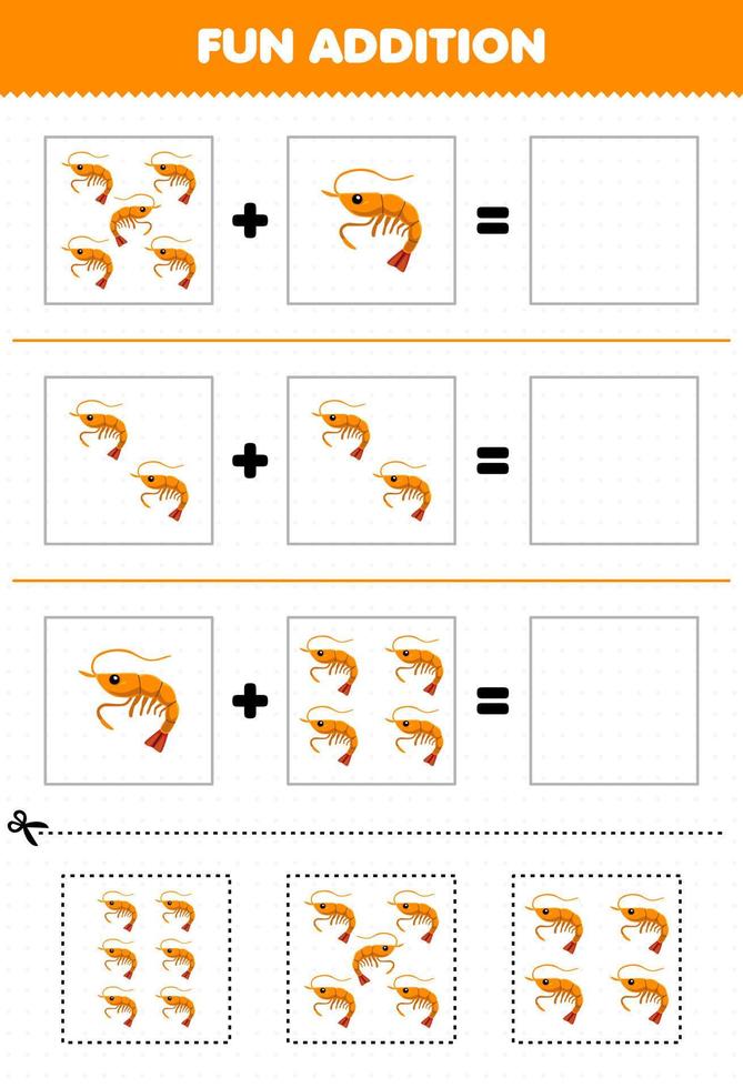 juego educativo para niños, adición divertida cortando y combinando lindas imágenes de camarones de dibujos animados para la hoja de trabajo subacuática imprimible vector