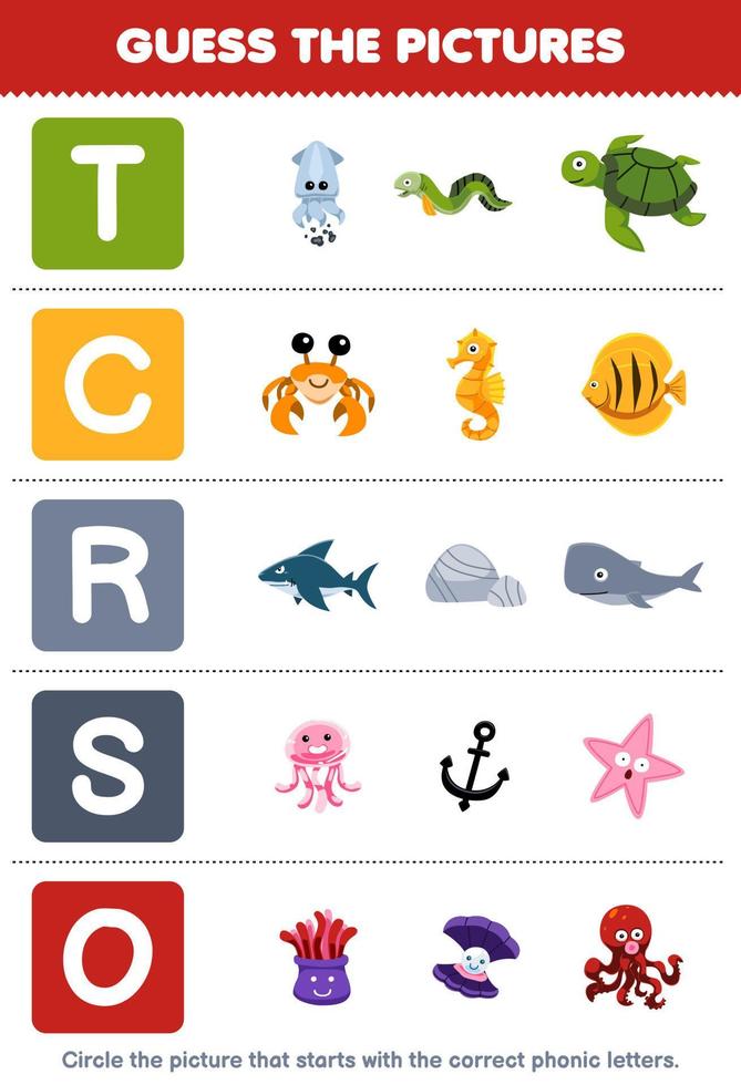 Education game for children guess the correct picture for phonic word that starts with letter T C R S and O printable underwater worksheet vector