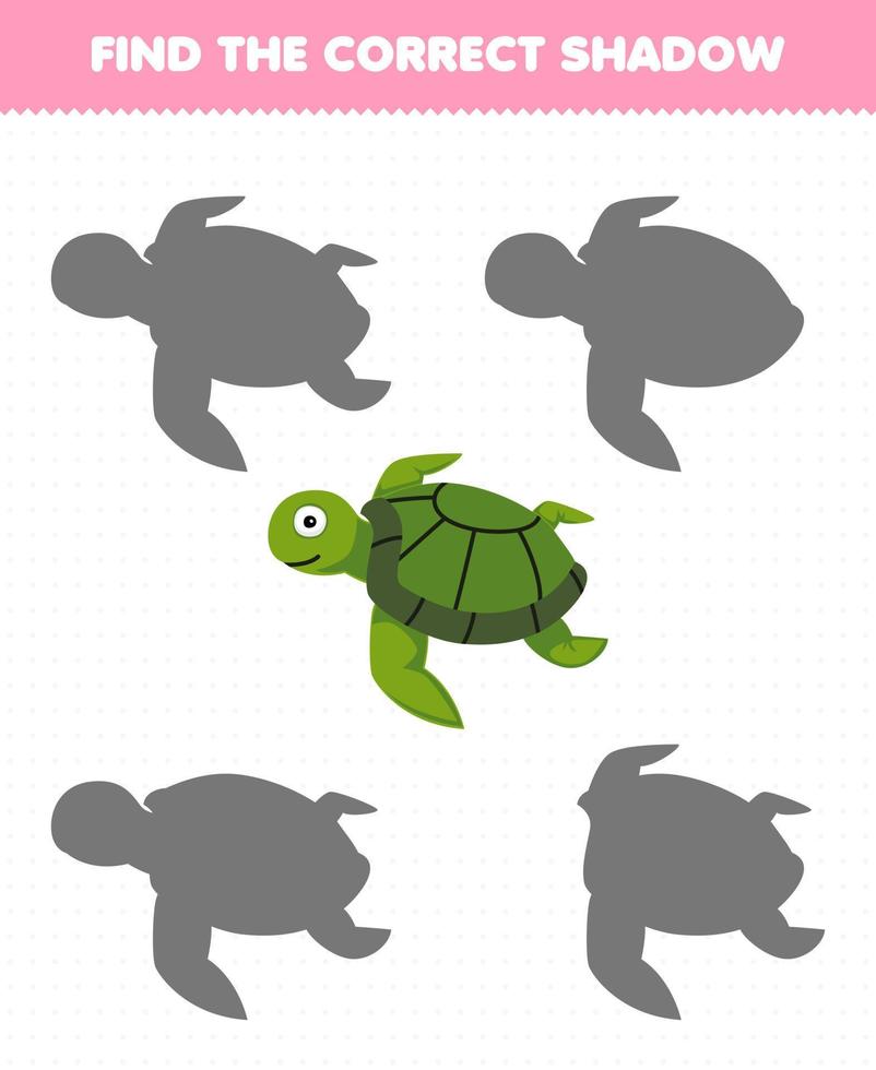 Education game for children find the correct shadow of cute cartoon turtle printable underwater worksheet vector