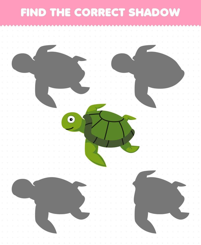 juego educativo para niños encuentra la sombra correcta de la hoja de trabajo subacuática imprimible de tortuga de dibujos animados lindo vector