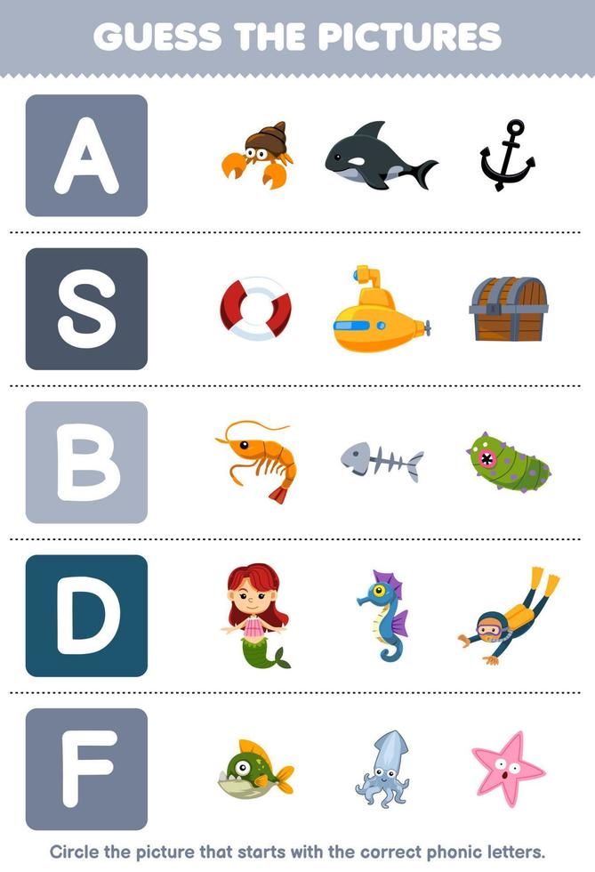 Education game for children guess the correct picture for phonic word that starts with letter A S B D and F printable underwater worksheet vector