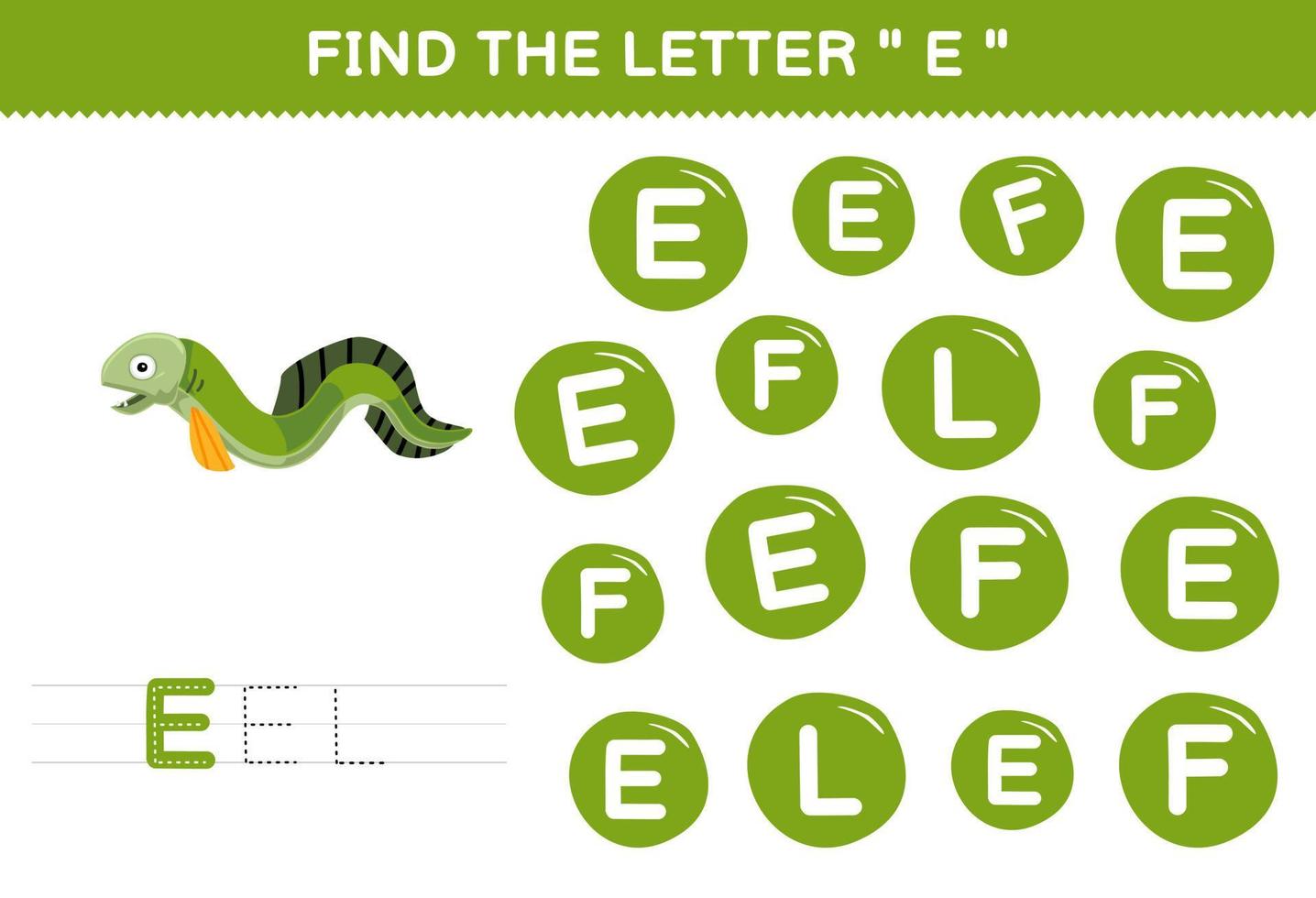 Education game for children find the letter E with cute cartoon eel printable underwater worksheet vector