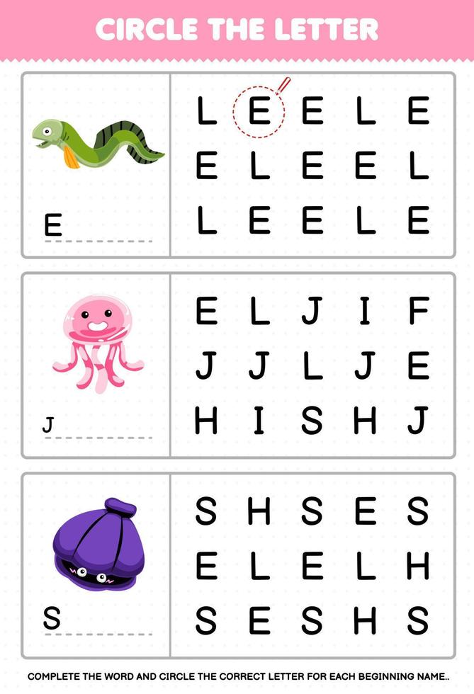 Education game for children circle the beginning letter from cute cartoon eel jellyfish shell printable underwater worksheet vector