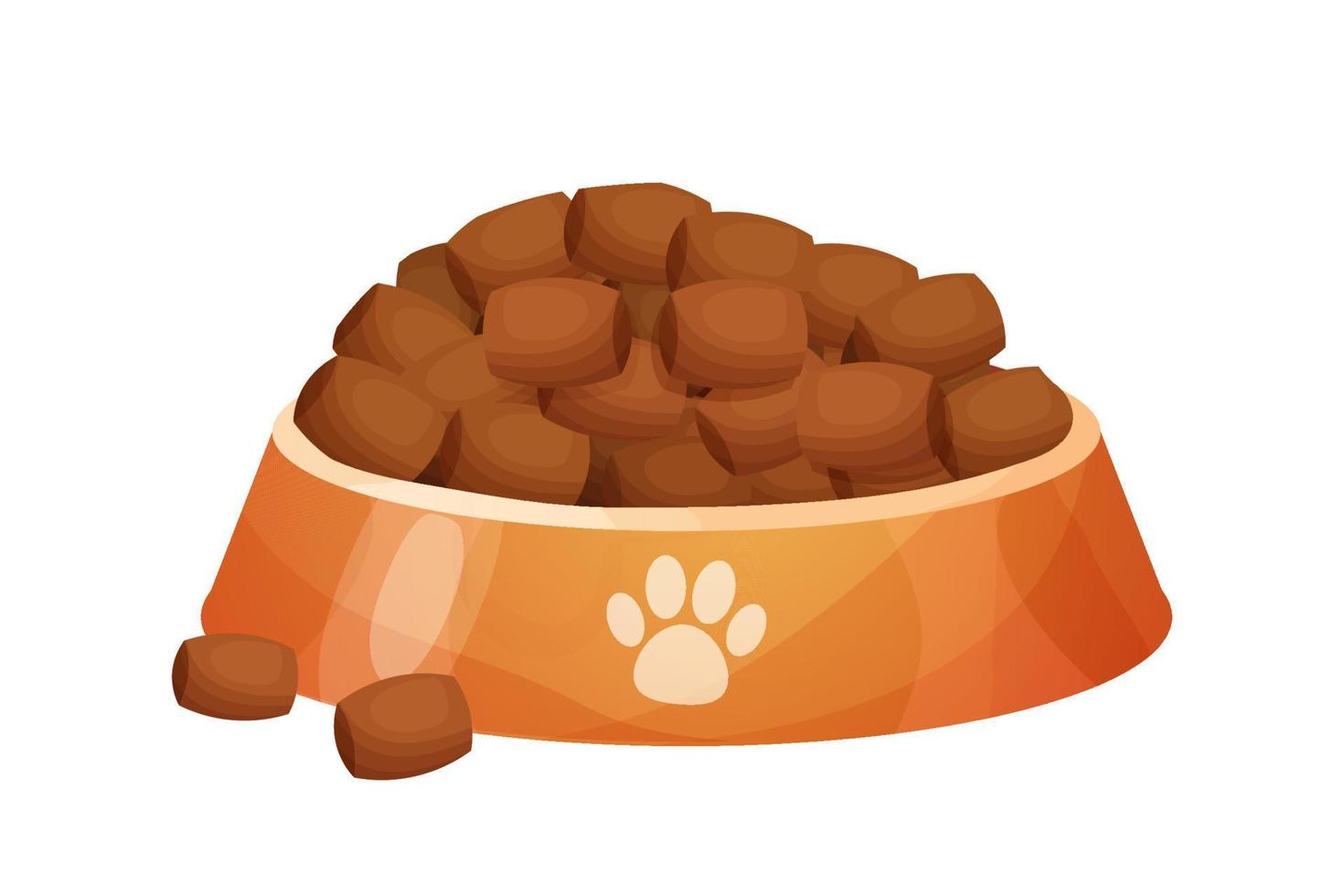 Dry dog food pile in bowl decorated with paw in cartoon style isolated on white background. Dog or cat nutrition, container with dish. . Vector illustration