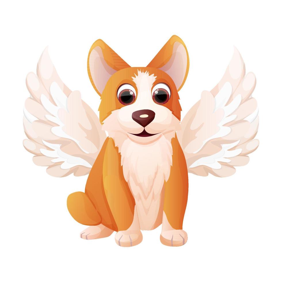 Cute corgi dog sitting with angel wings adorable pet in cartoon style isolated on white background. Comic emotional character, funny pose. Vector illustration