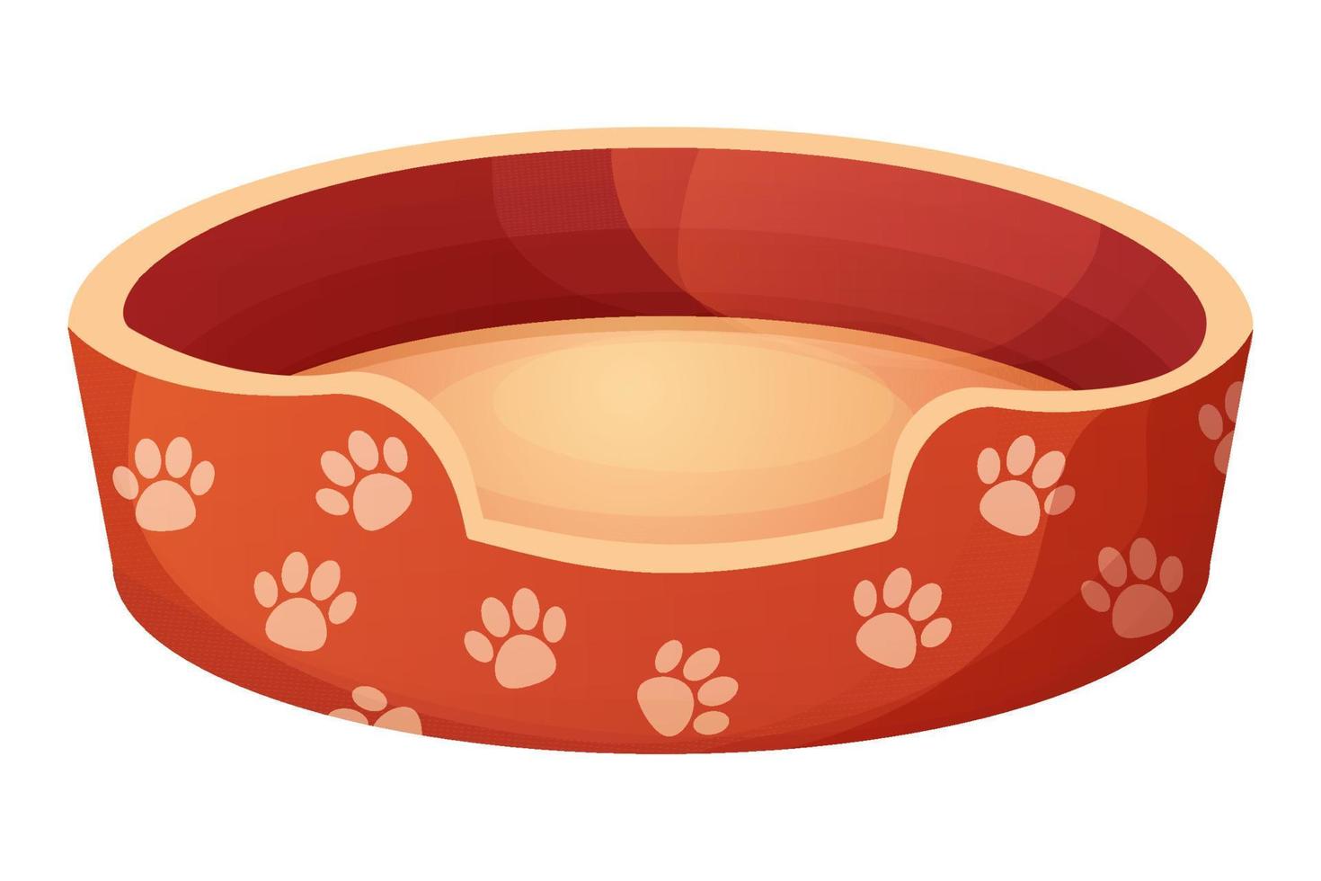 Cute dog or cat bed decorated with paw pattern in cartoon style isolated on white background. Pet accessory, comfortable crib, basket for rest. Vector illustration