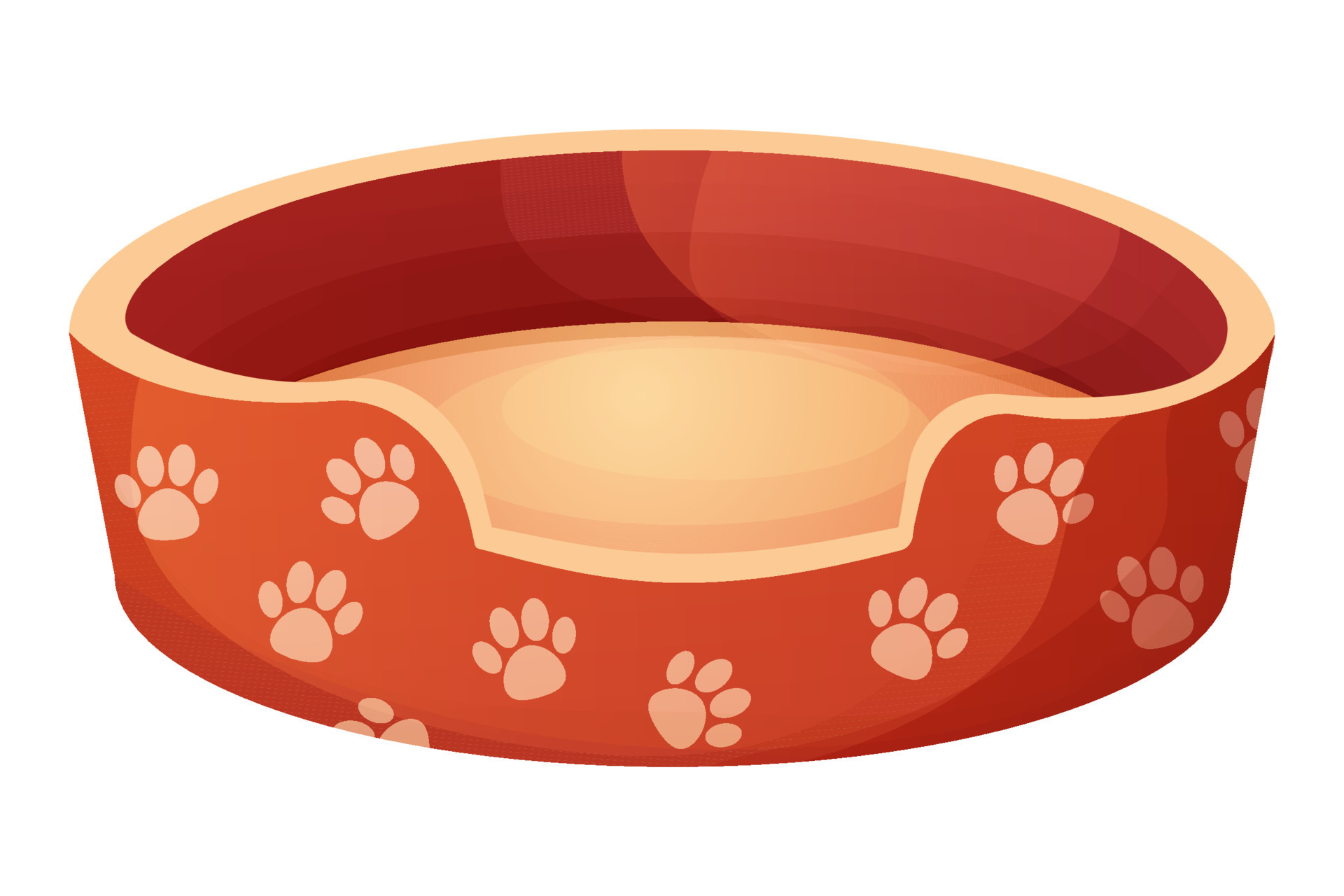 Cute dog or cat bed decorated with paw pattern in cartoon style