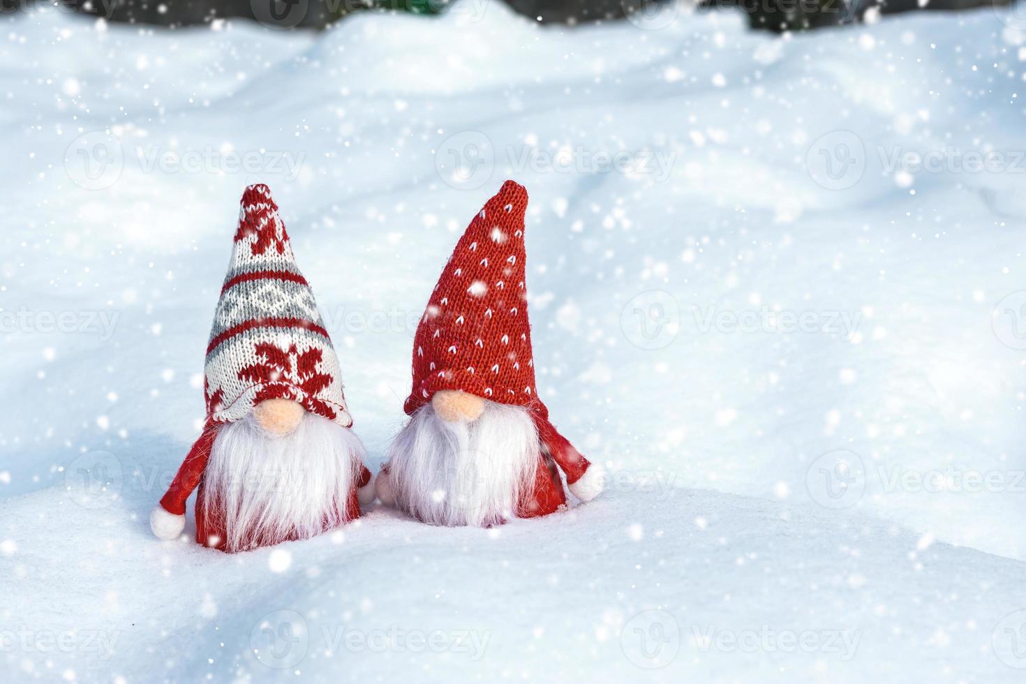 Christmas holiday card Cute scandinavian gnomes with red hat and white beard on snowy winter bench Fairytale snowfall Wintertime Hello December, January, February concept Happy New Year, Christmas photo