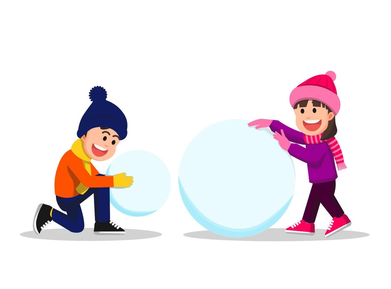 dos niños tratando de hacer un muñeco de nieve vector