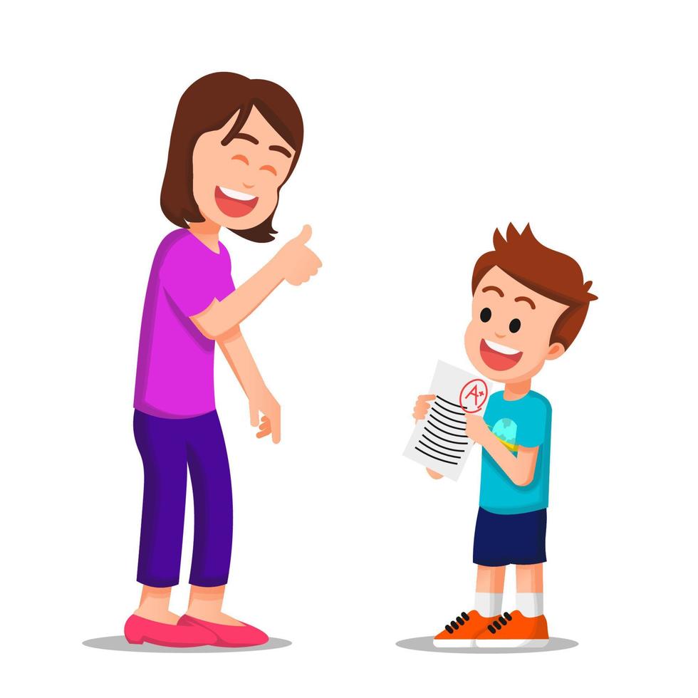 Happy mother gives a thumbs up to her son who gets a perfect score in the exam vector