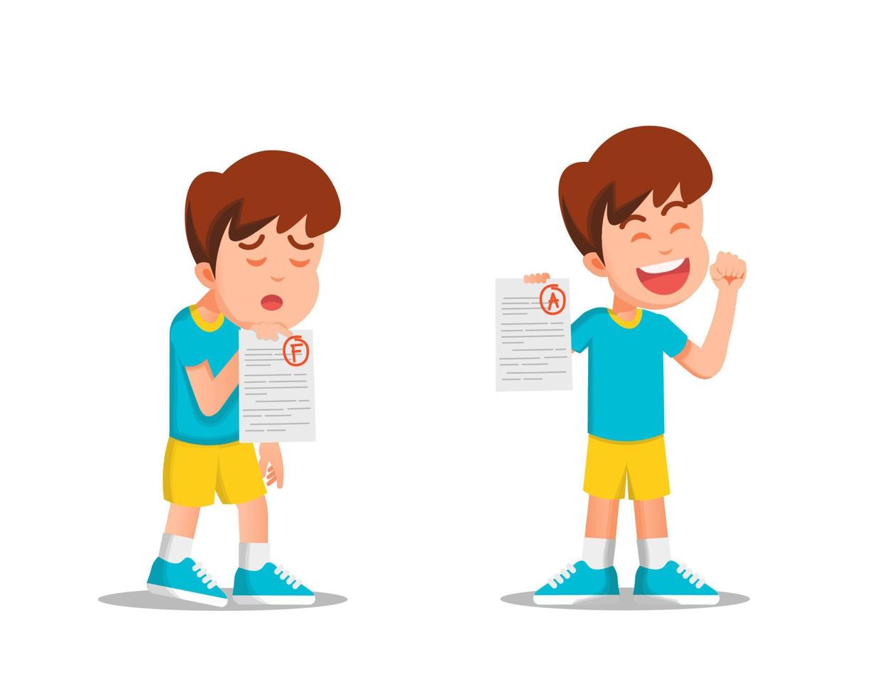 Boy with a different expression when he got bad and good grades vector