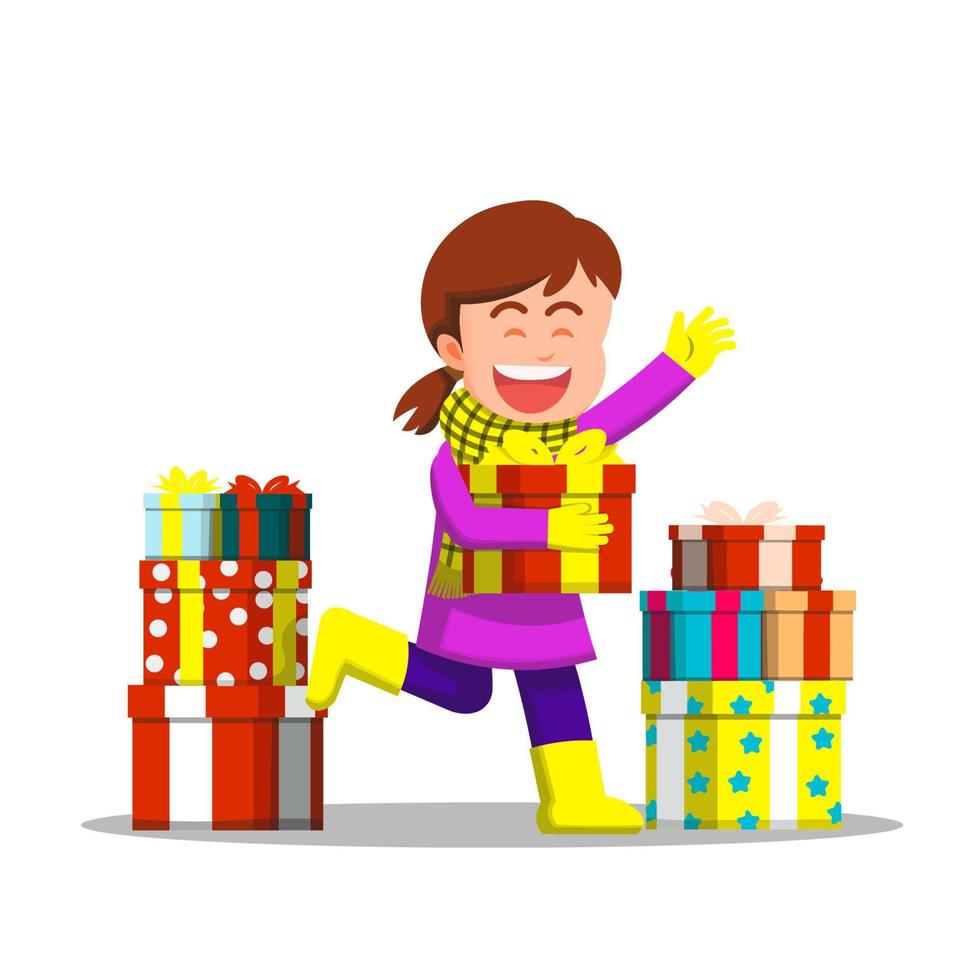 Little girl is very happy because she gets a lot of gifts in winter vector