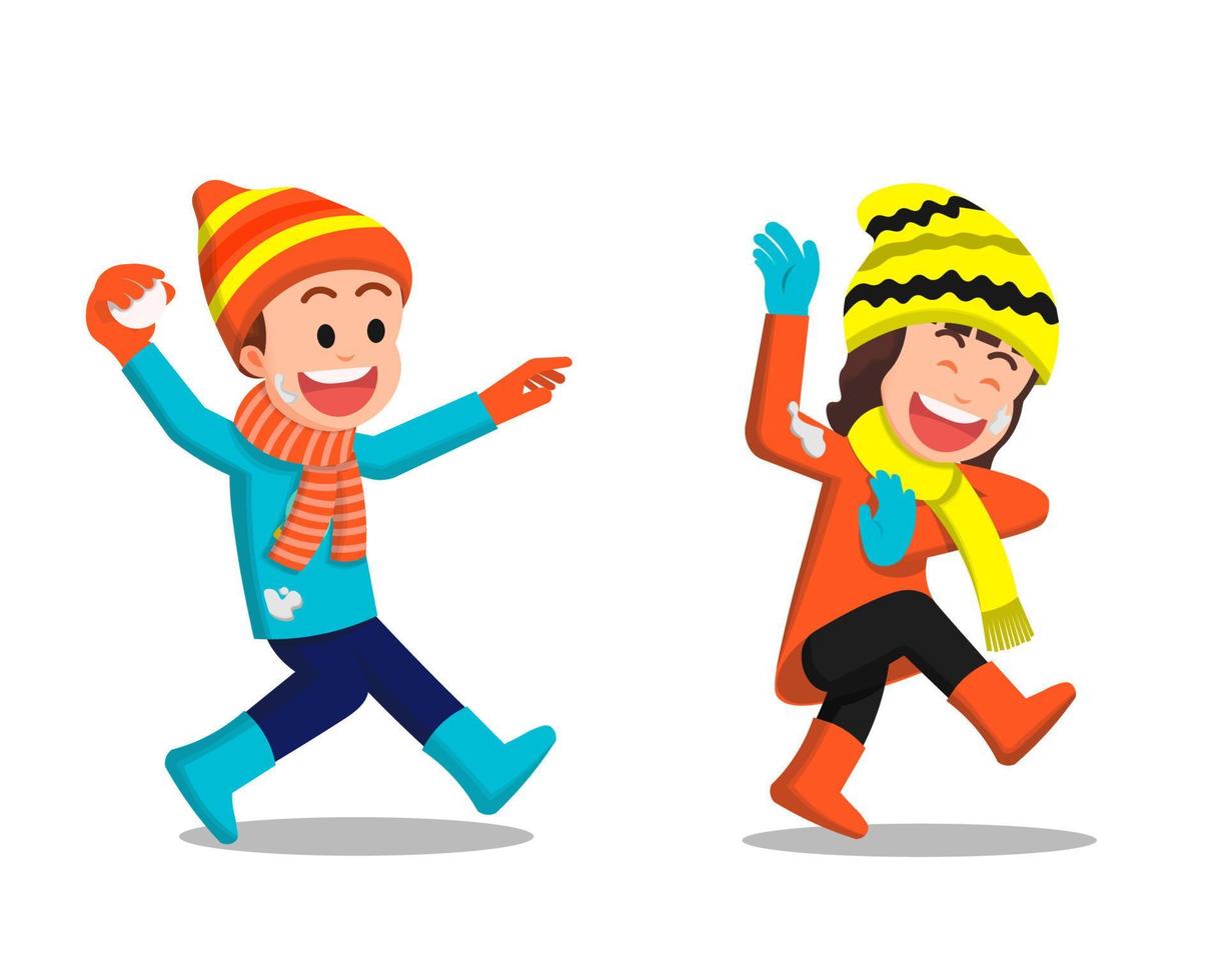 Children playing snowball throwing in winter clothes vector