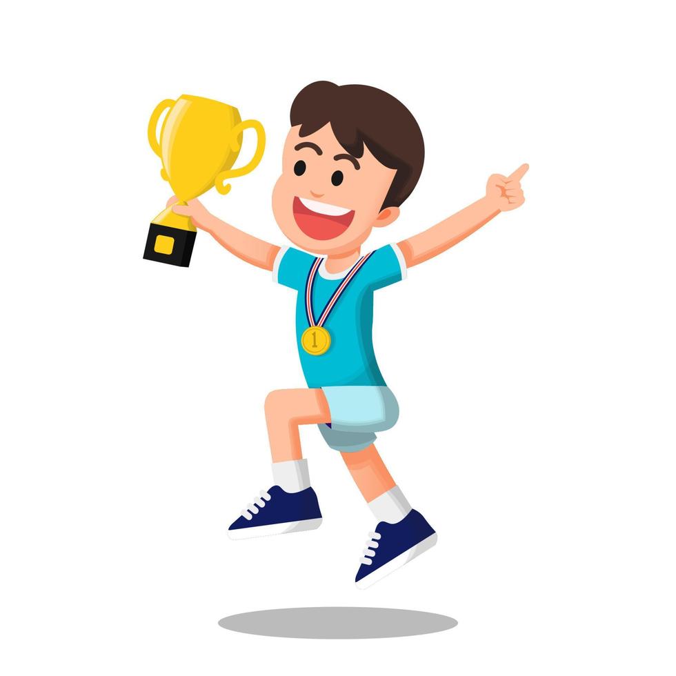 Boy jumping holding a trophy and wearing gold medal vector