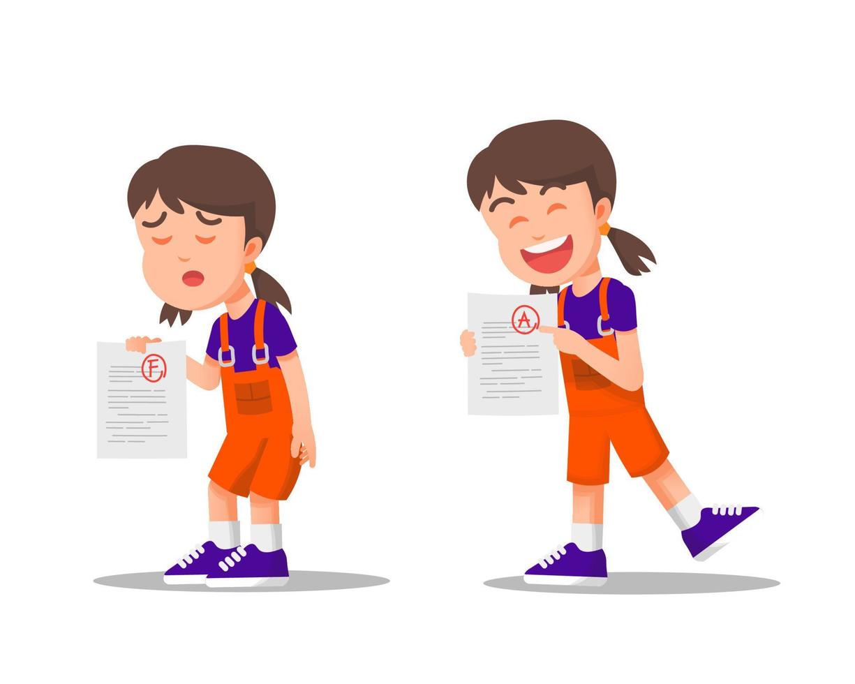 A little girl with a different expression when she got bad and good grades vector