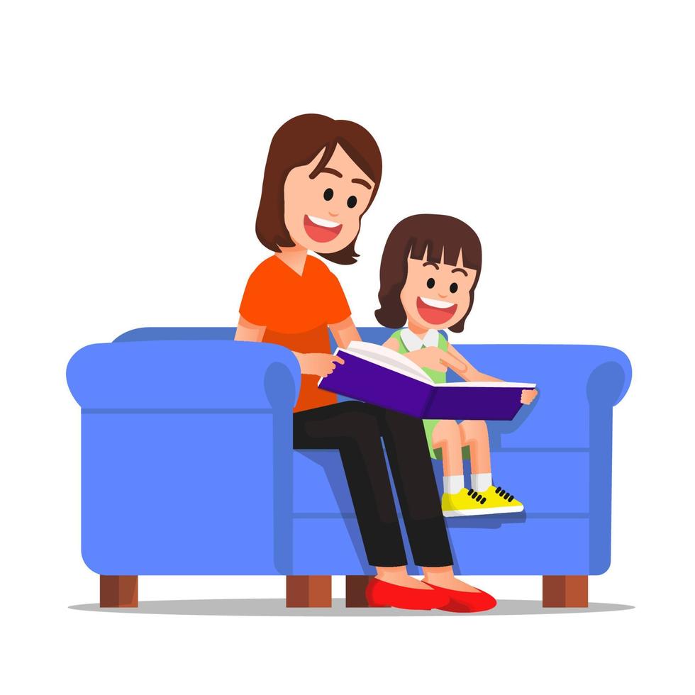 Mother and daughter reading a book together while sitting on the sofa vector