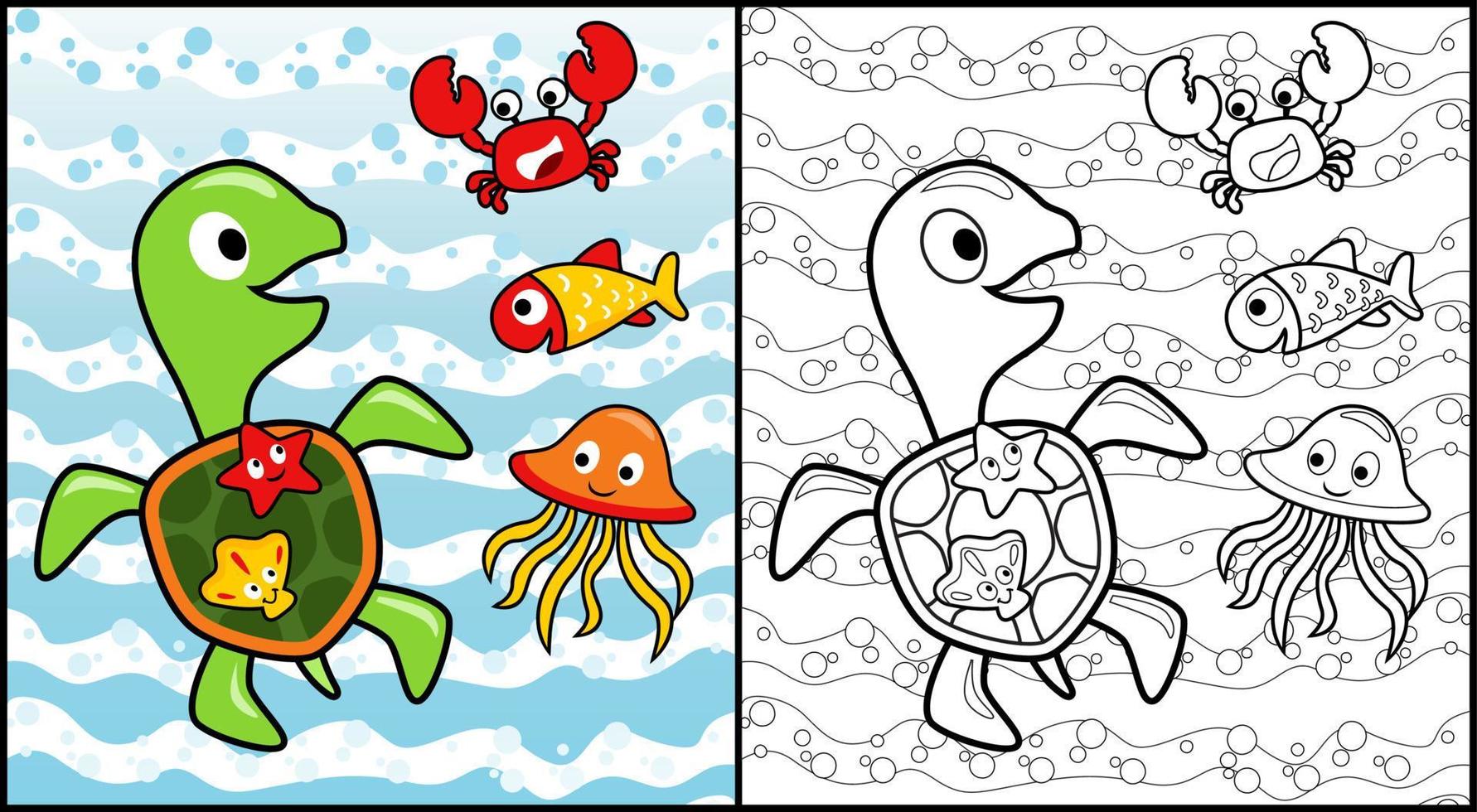 Coloring book of funny marine animals cartoon vector