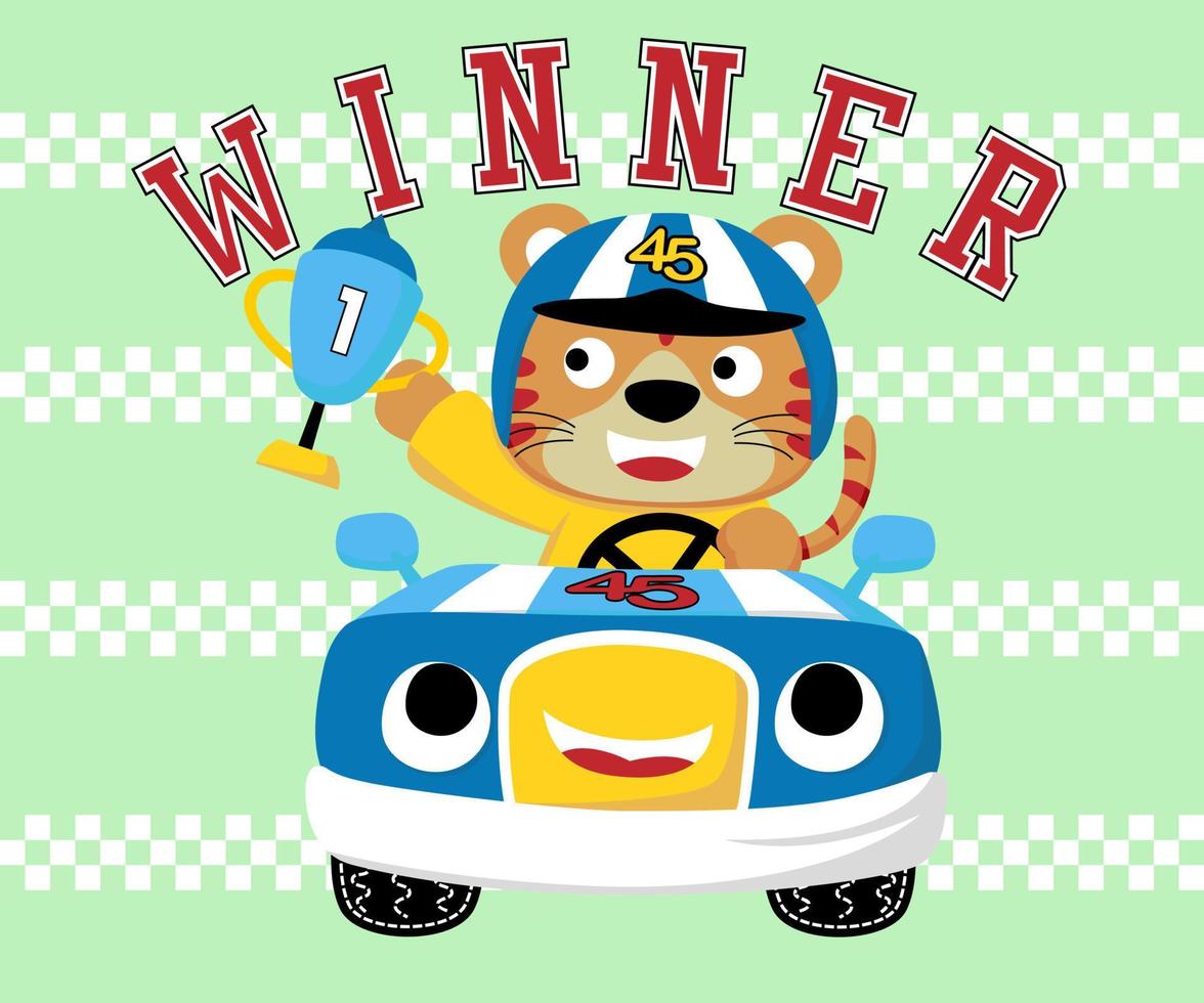 lindo tigre en traje de corredor sosteniendo un trofeo en un coche de carreras divertido vector