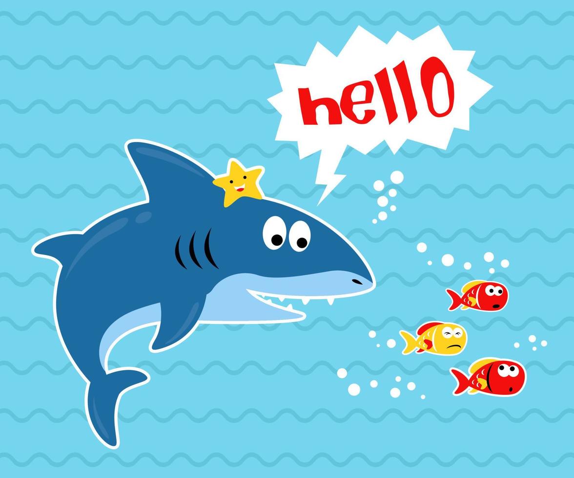 caricatura de gran tiburón con estrellas de mar y pececitos en el fondo de la ola azul. ilustración de dibujos animados de vectores