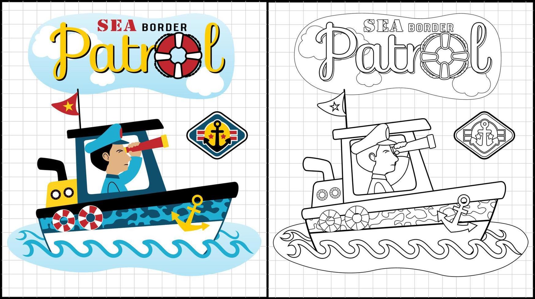 Coloring book of soldier holding binocular on a patrol boat vector