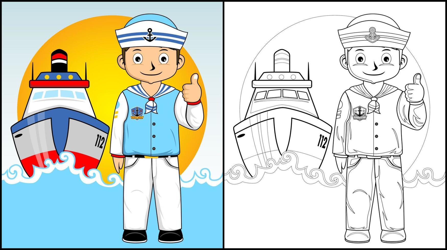 libro para colorear de una caricatura de niño con uniforme de marinero con un bote vector