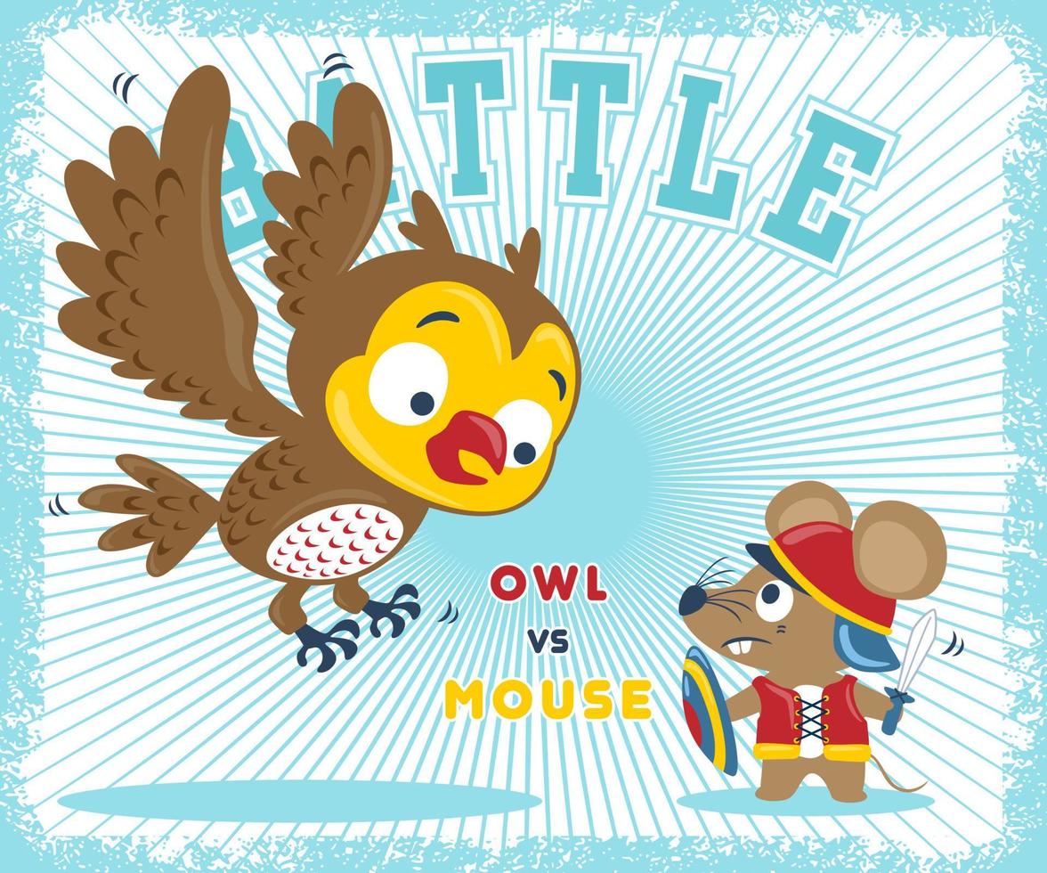 Vector illustration of mouse cartoon in knight costume holding sword and shield fight with giant owl