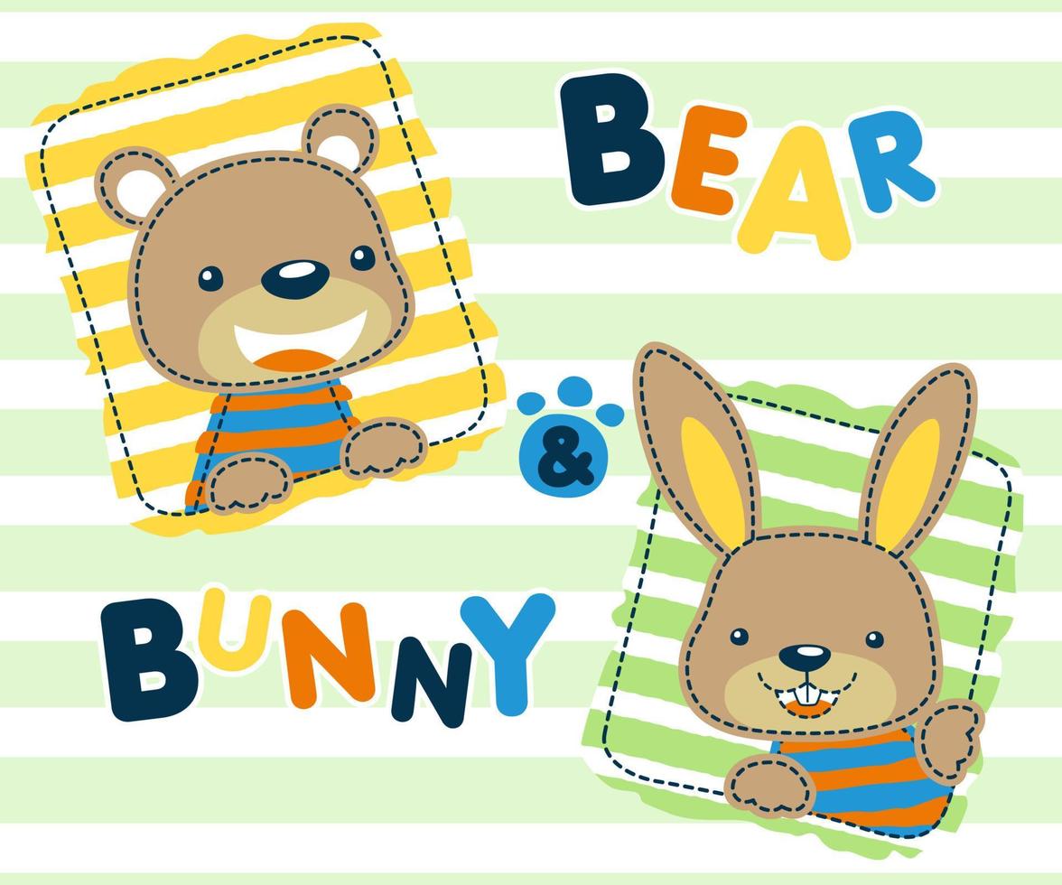 Cute bear and bunny cartoon on striped background vector