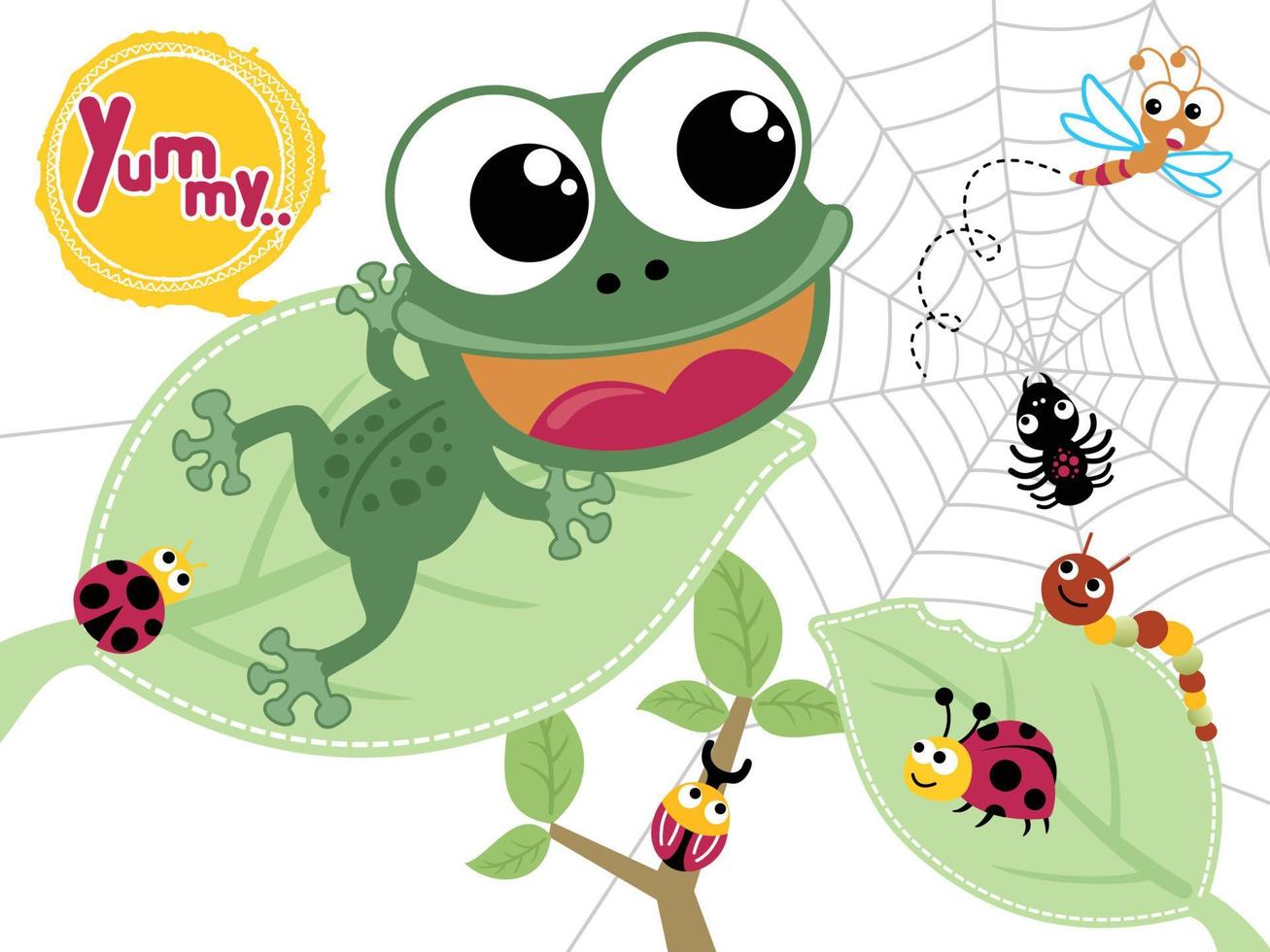 Vector illustration of funny frog cartoon with bugs on leaves