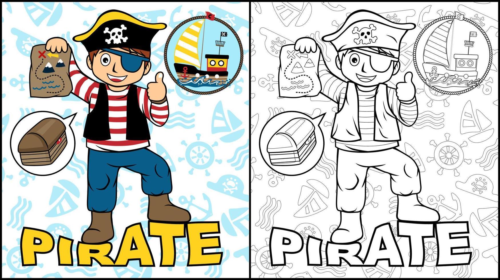 Coloring book of a boy in pirate costume on pirate element pattern background vector