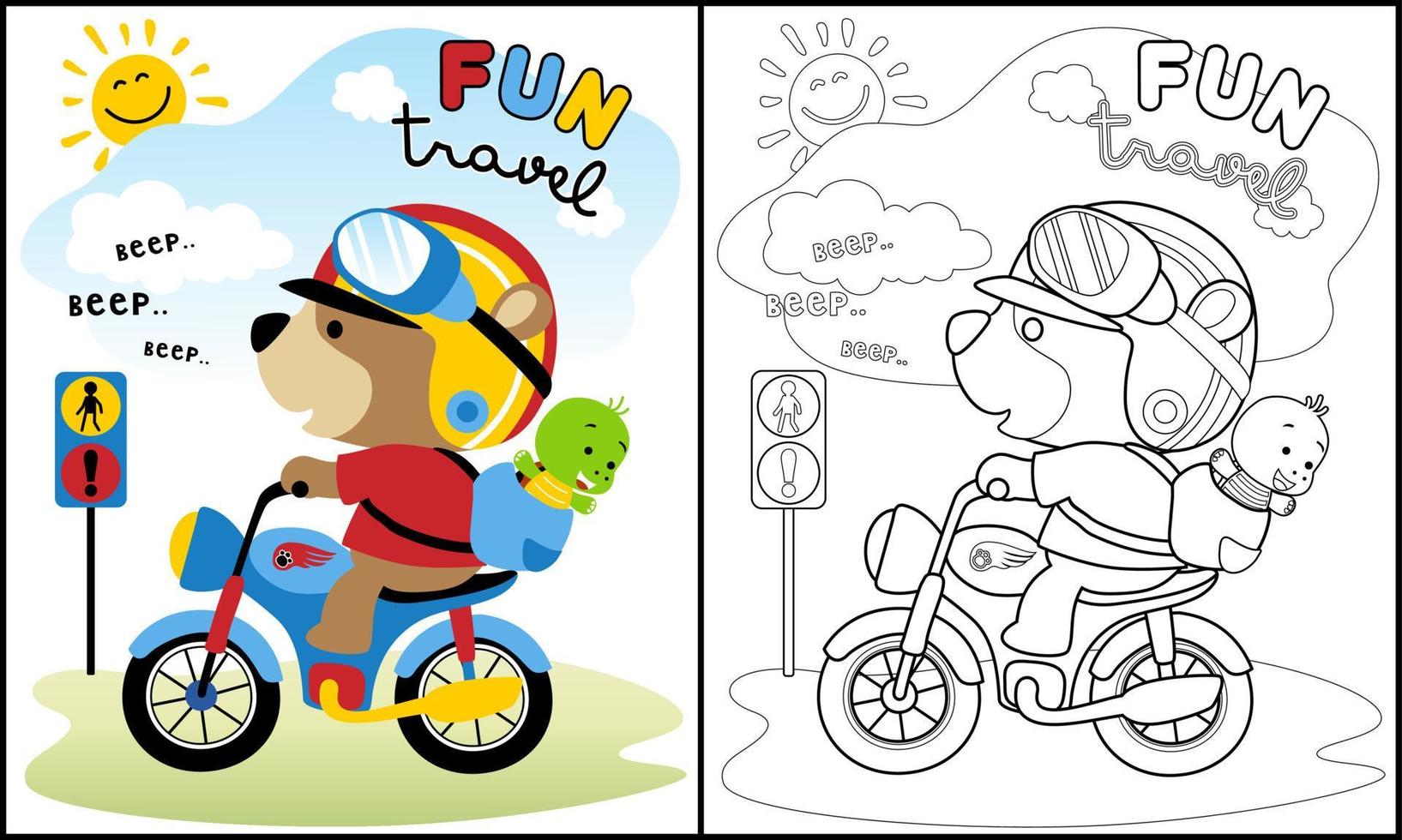 Coloring book of cute bear in biker costume with turtle on motorcycle vector