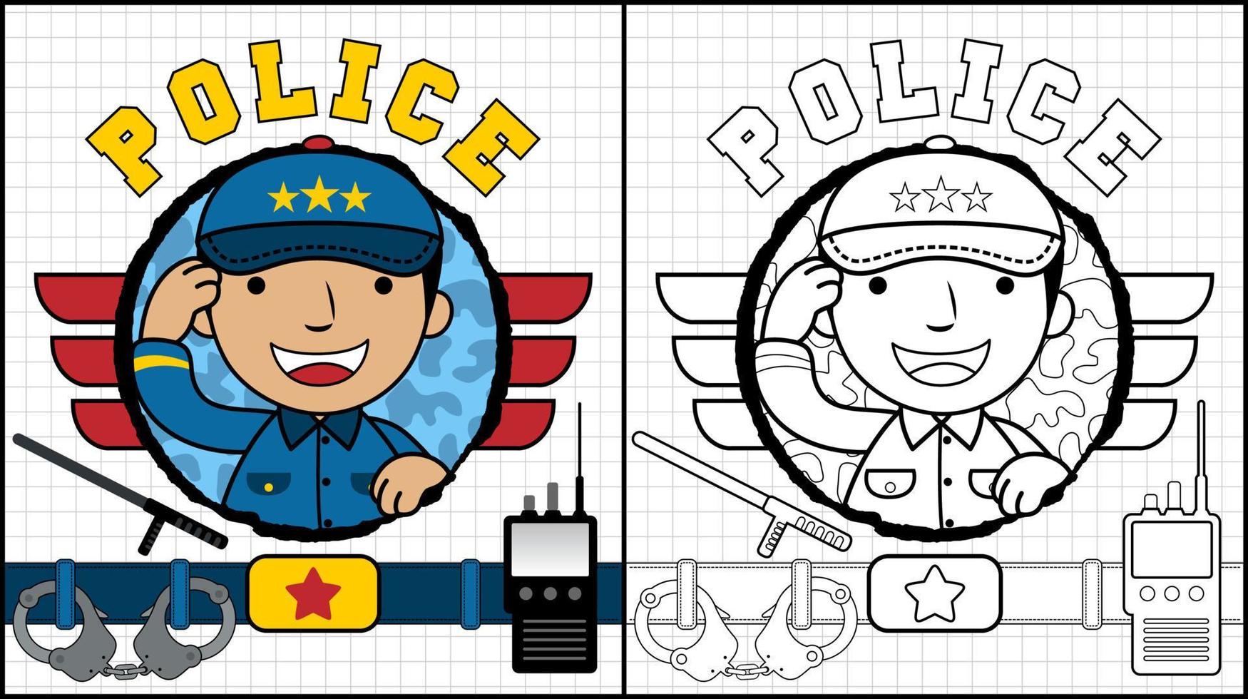 libro para colorear de dibujos animados de policía con equipo policial vector