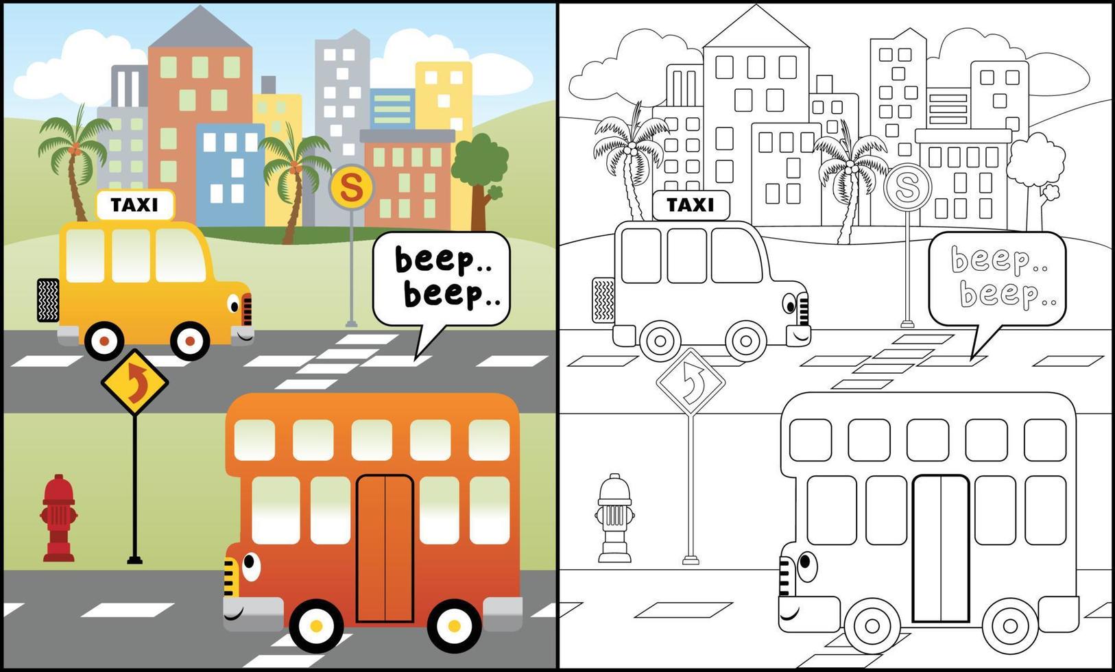 Funny vehicle cartoon in city road, cityscape elements illustration, coloring book or page vector