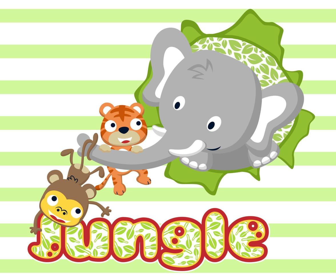 Vector illustration of elephant cartoon with tiger and monkey