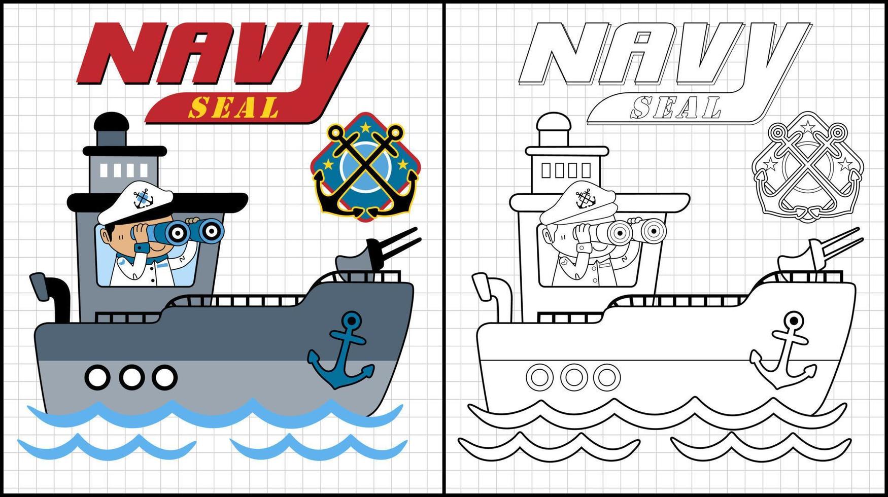 Coloring book of sailor cartoon use binocular on gunboat vector