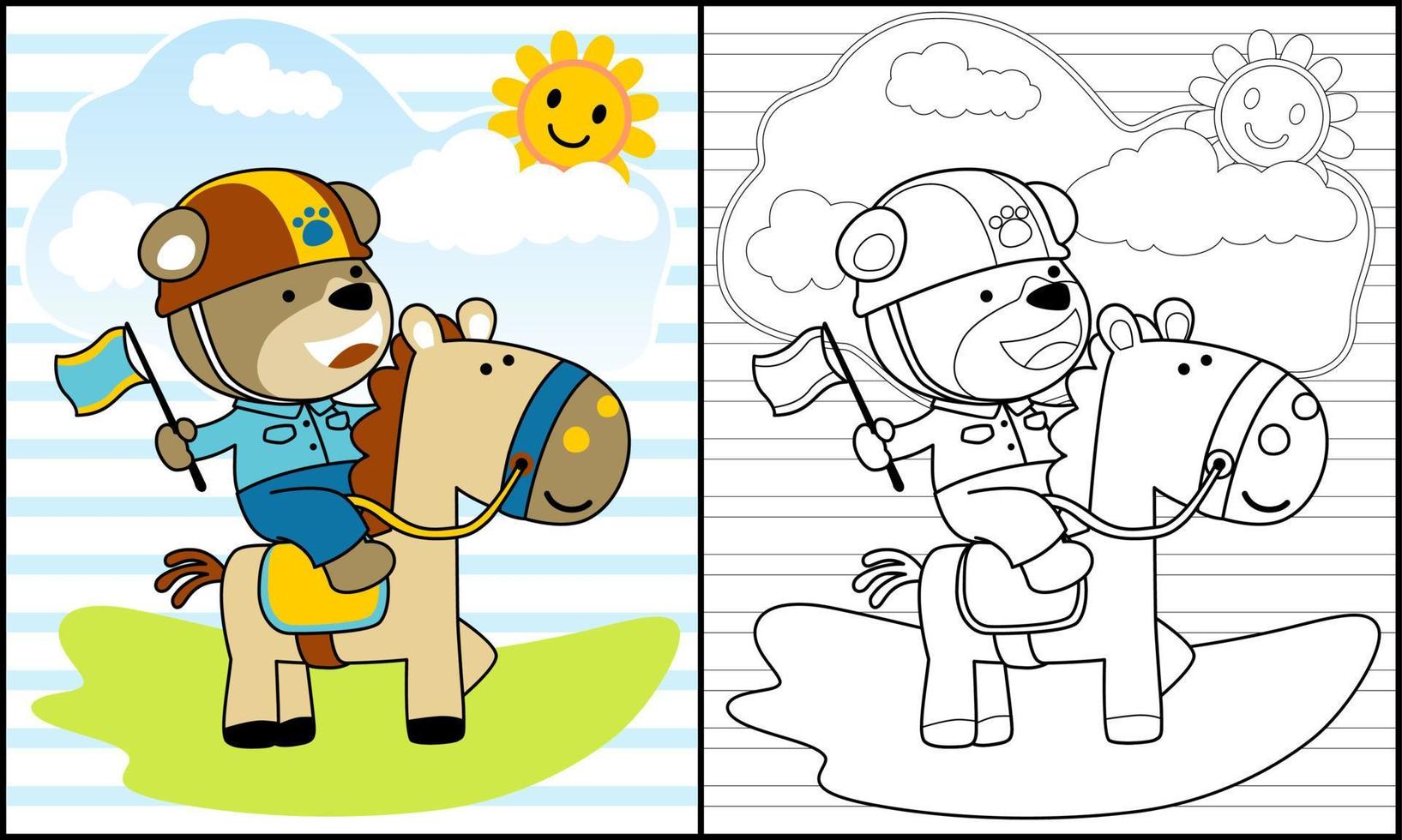 Coloring book of funny bear riding horse vector