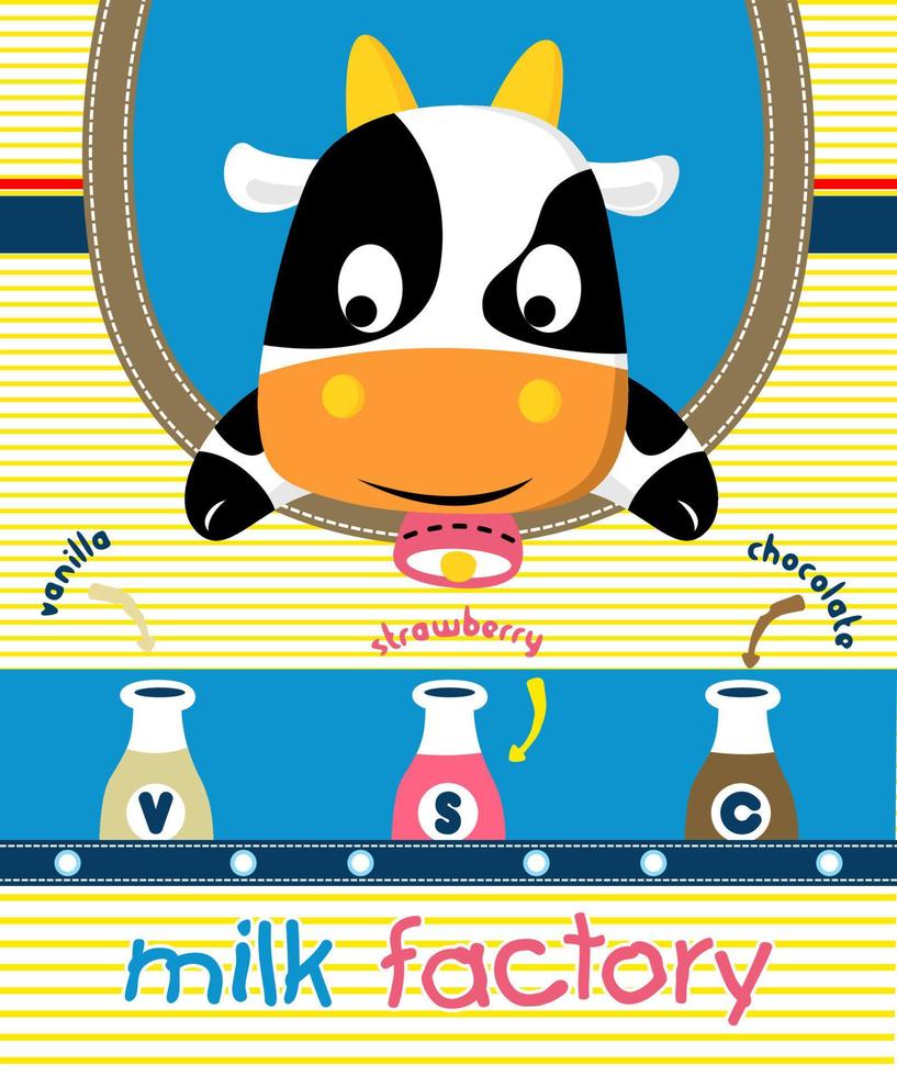 dibujos animados de vaca con botellas de leche sobre fondo rayado vector