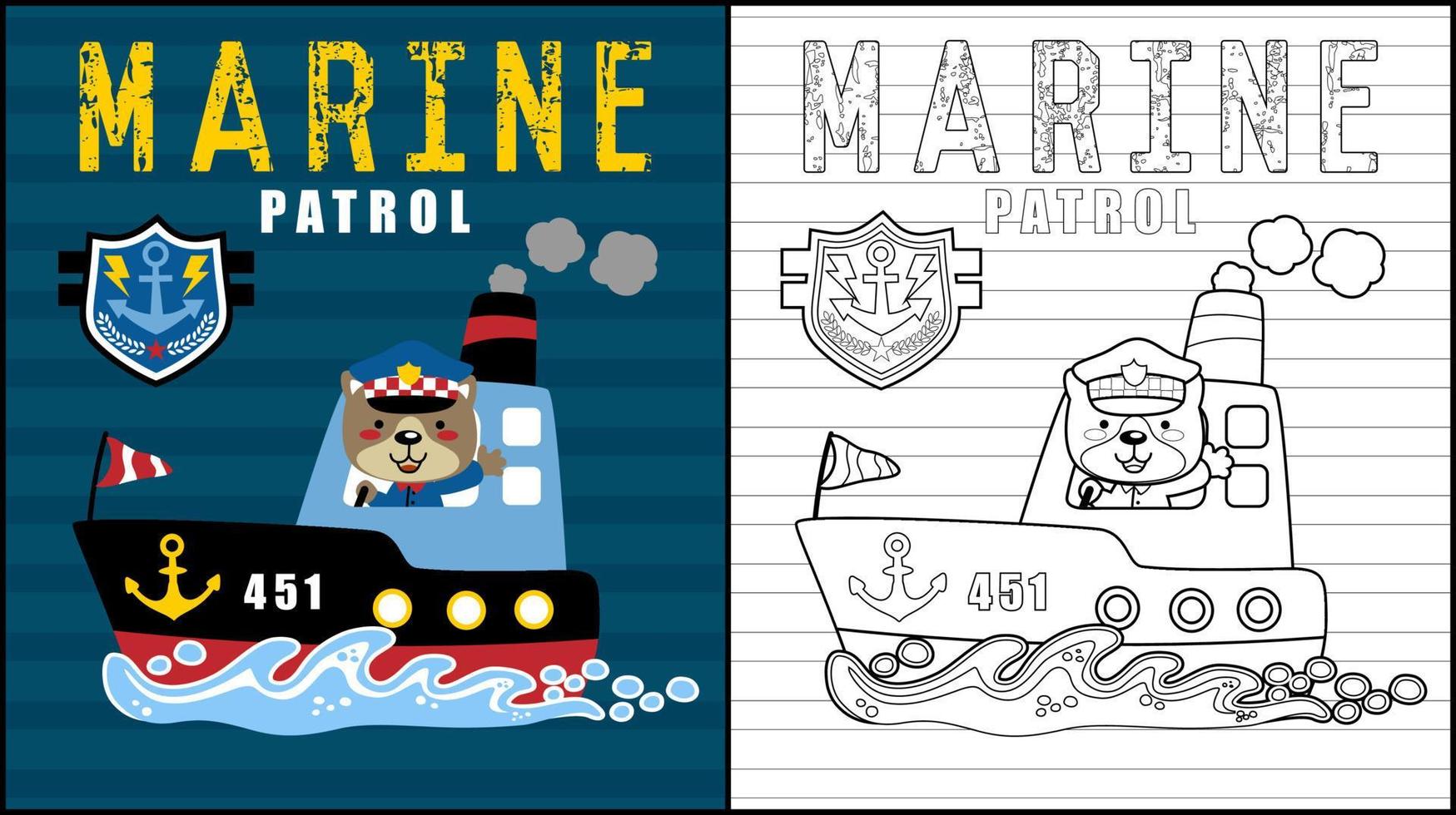 Coloring book of funny cat in captain uniform on a boat vector