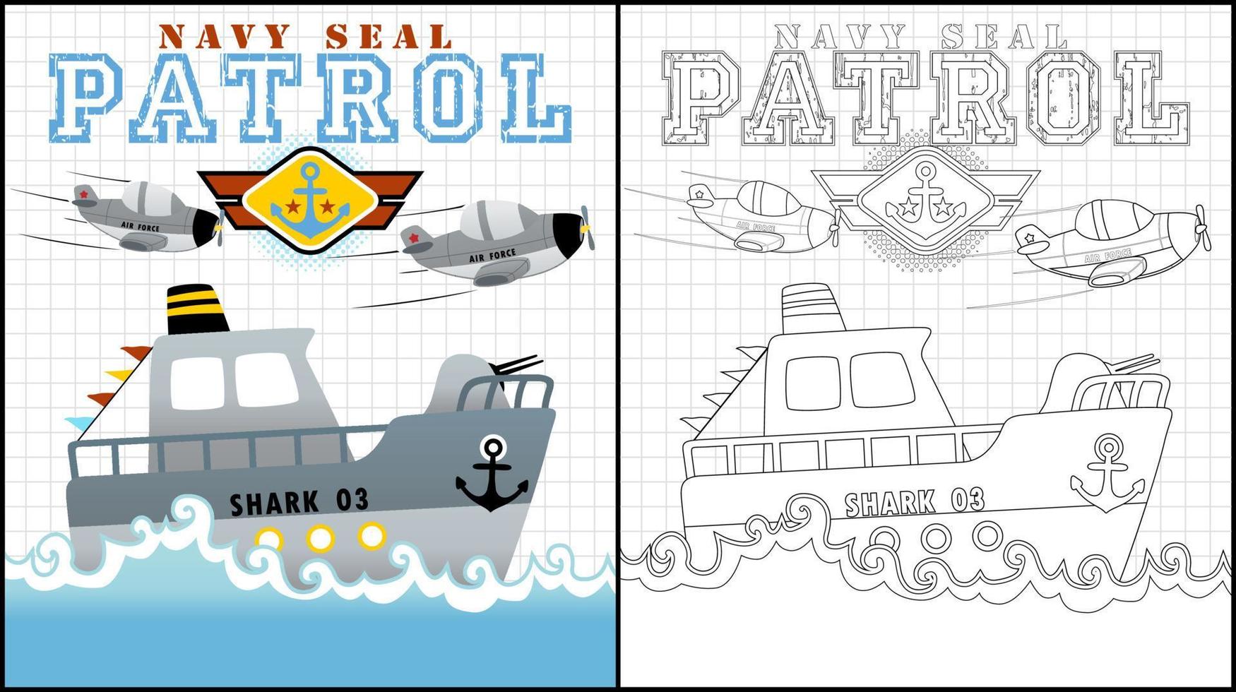 Coloring book of military vehicles, aircraft with gunboat vector