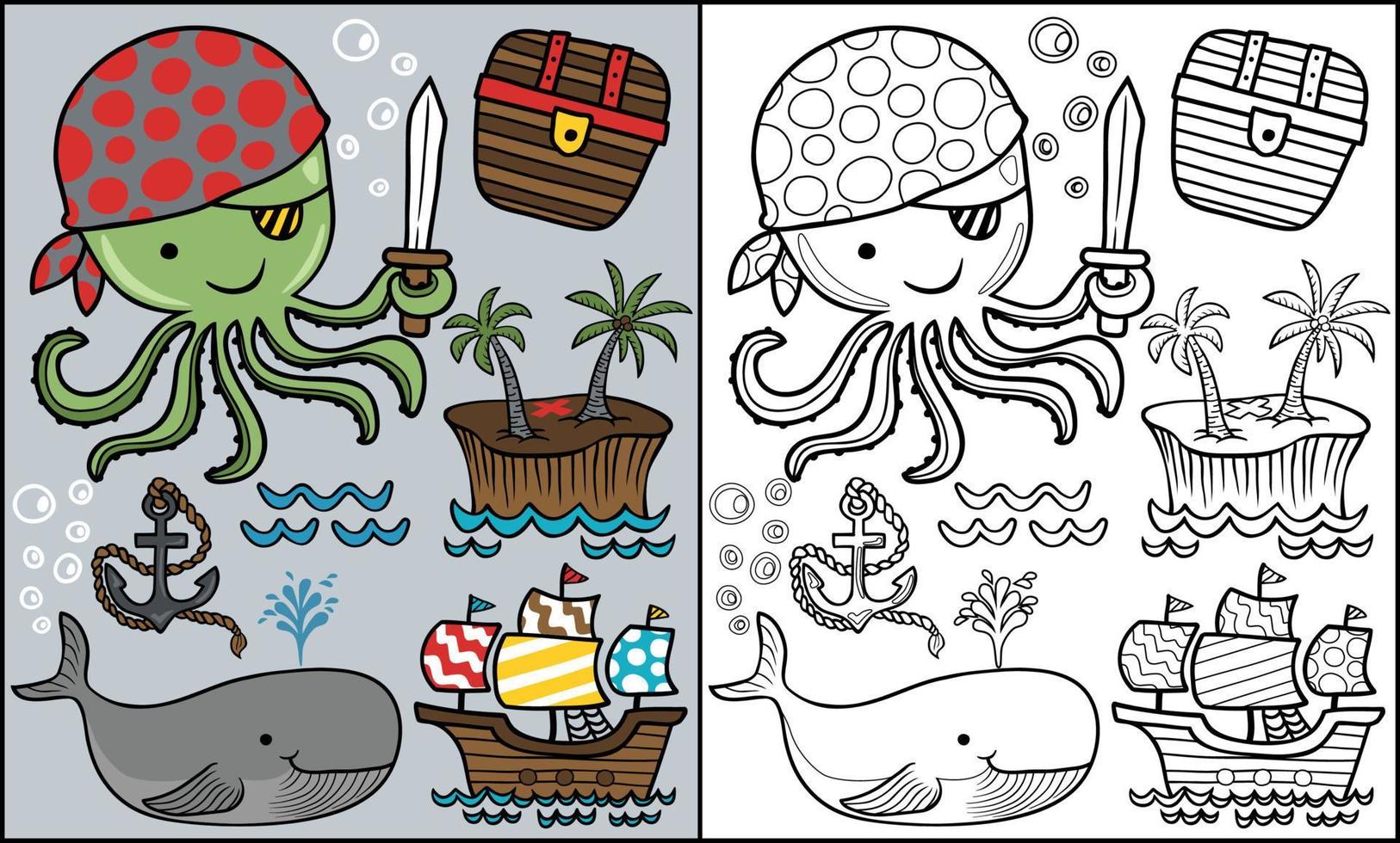 establecer dibujos animados de elementos piratas con pulpo divertido, libro de colorear o página vector