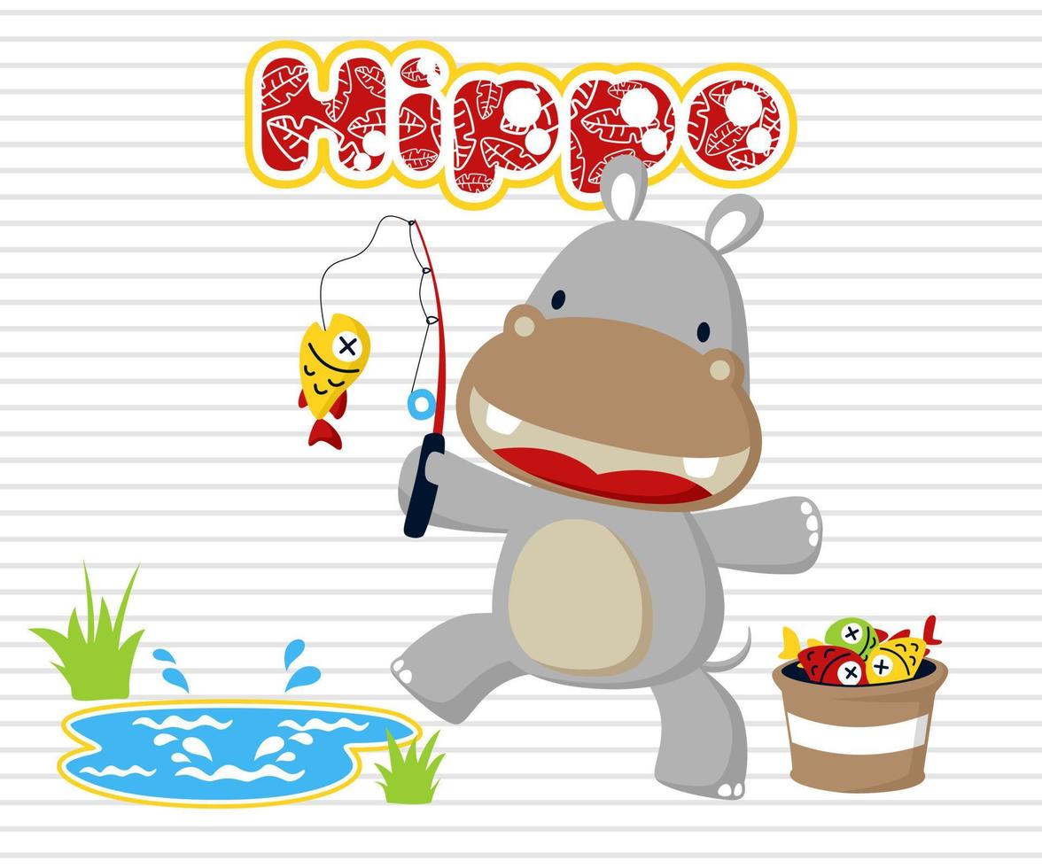 Vector illustration of funny hippo cartoon fishing