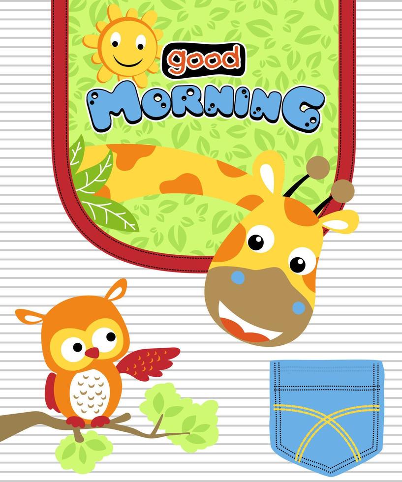 Cute giraffe cartoon with owl and sun on kids apparel pattern vector