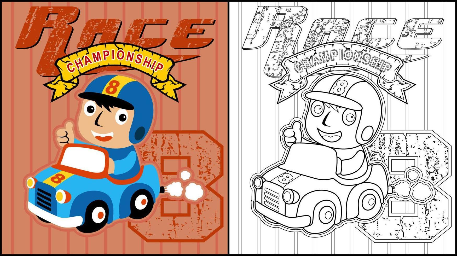 Coloring book of racer little boy on racing car vector