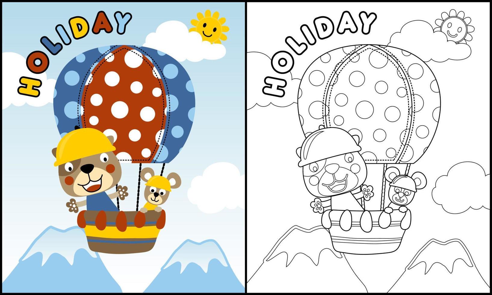 Coloring book of cat and mouse cartoon on hot air balloon vector