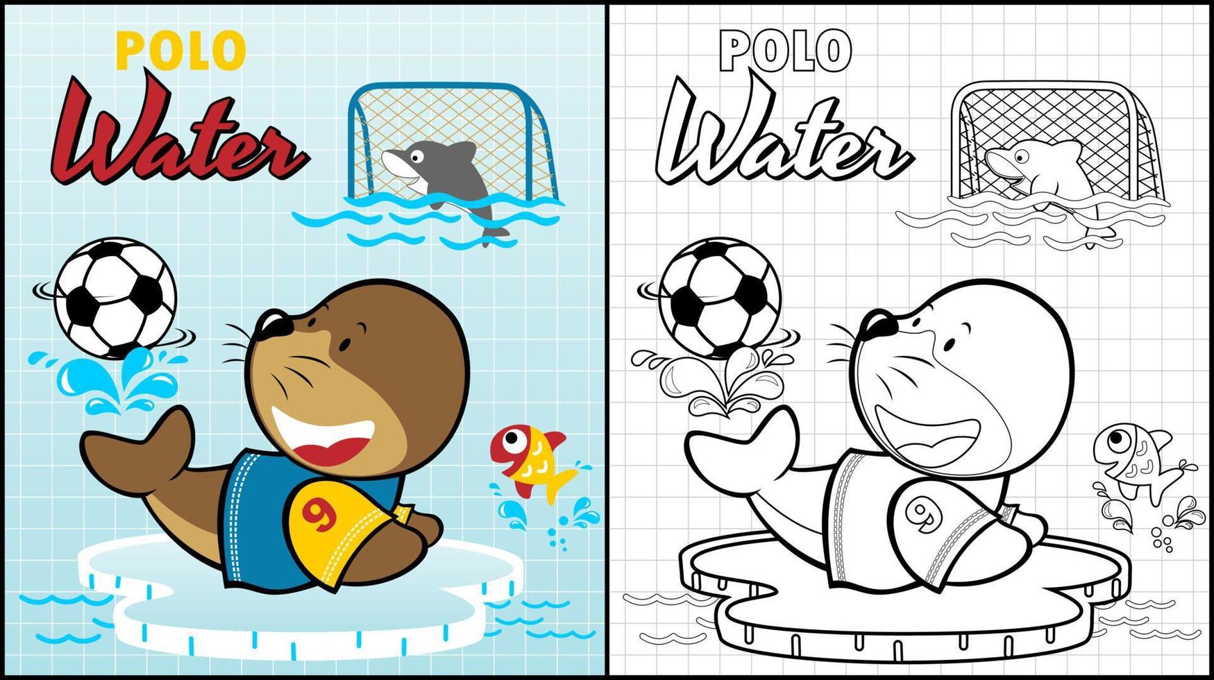 Coloring page of walrus with dolphin playing polo water vector