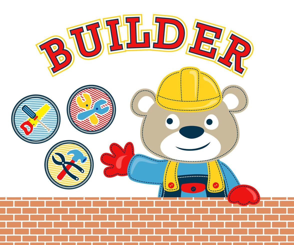 Funny bear cartoon in builder costume with tools. Vector cartoon illustration