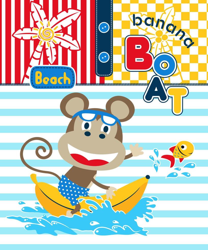 Funny monkey cartoon riding banana with fish in the beach vector