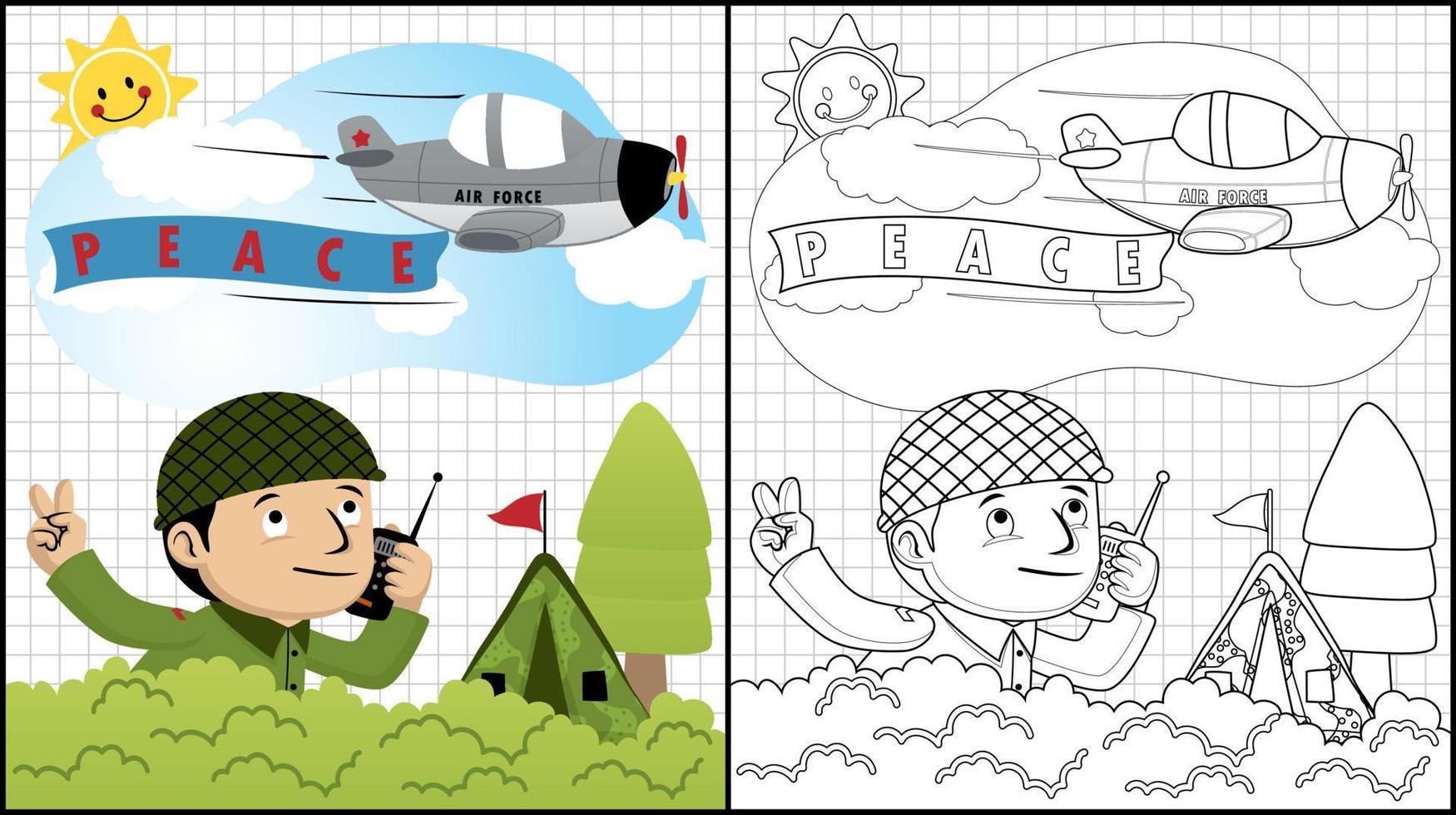 Coloring book of soldier cartoon with walkie talkie, plane fly above him vector