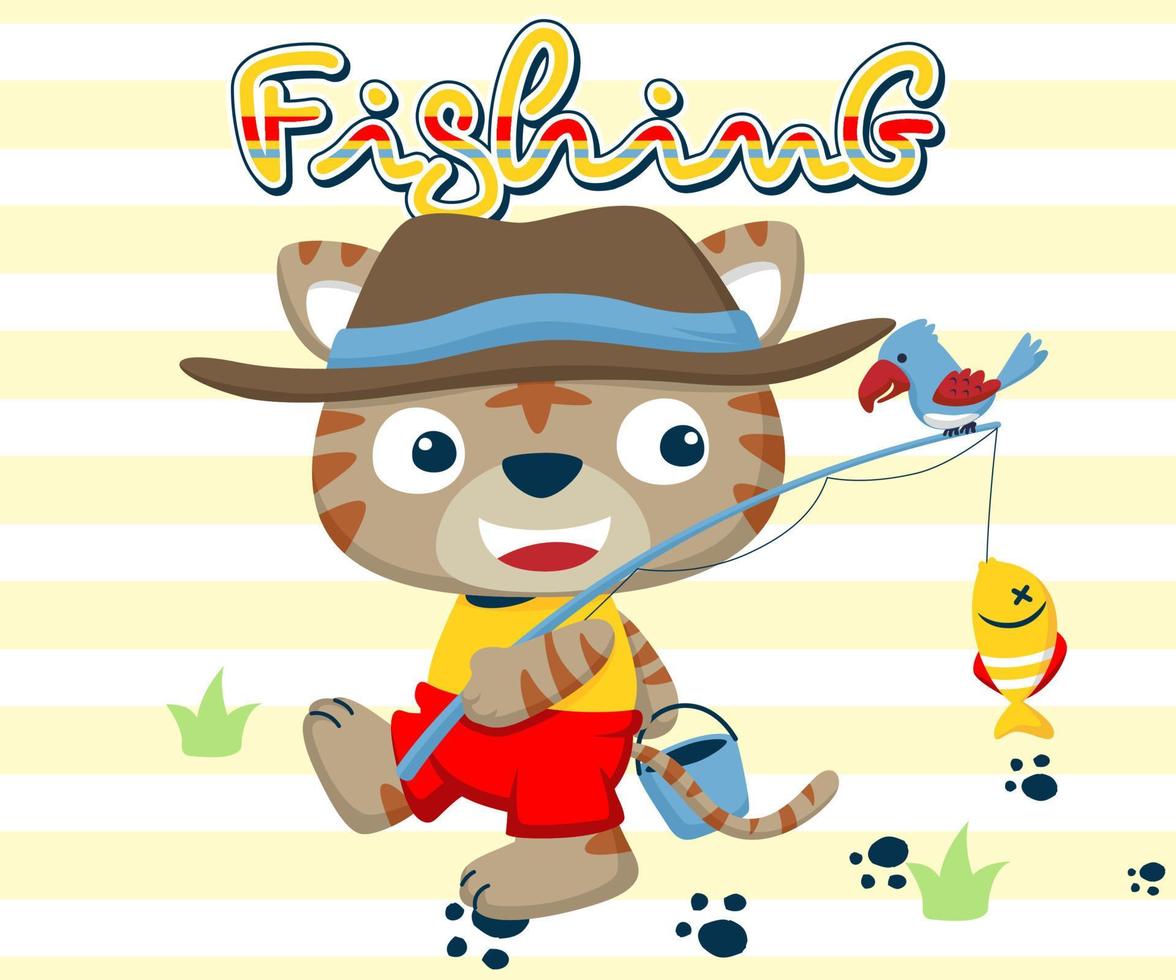 Cat cartoon in fisher costume with a bird back from fishing vector
